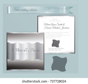 Luxury wedding invitation template with silver shiny ornament. Back and front square card layout with silver pattern on white. Isolated. Design for bridal shower, save the date, banner.