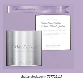 Luxury wedding invitation template with silver shiny ornament. Back and front square card layout with silver pattern on white. Isolated. Design for bridal shower, save the date, banner.