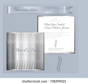 Luxury wedding invitation template with silver shiny ornament. Back and front square card layout with silver pattern on white. Isolated. Design for bridal shower, save the date, banner.
