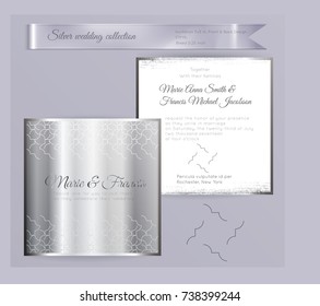 Luxury wedding invitation template with silver shiny ornament. Back and front square card layout with silver pattern on white. Isolated. Design for bridal shower, save the date, banner.