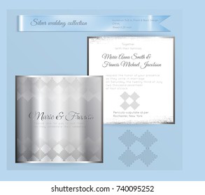 Luxury wedding invitation template with silver shiny ornament. Back and front square card layout with silver pattern on white. Isolated. Design for bridal shower, save the date, banner.