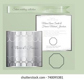 Luxury wedding invitation template with silver shiny ornament. Back and front square card layout with silver pattern on white. Isolated. Design for bridal shower, save the date, banner.