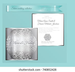 Luxury wedding invitation template with silver shiny ornament. Back and front square card layout with silver pattern on white. Isolated. Design for bridal shower, save the date, banner.