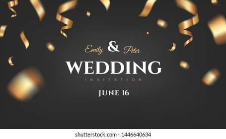 Luxury wedding invitation vector design. Black golden background with flying gold confetti. Elegant festive decoration, gift card or banner template