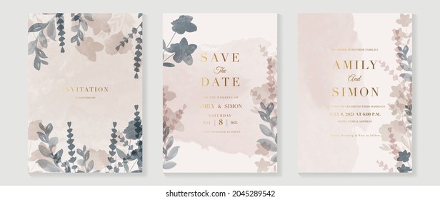 Luxury Wedding invitation vector set. Watercolor wedding card collection with golden texture and floral hand drawing. Save the date cards. Vector illustration.