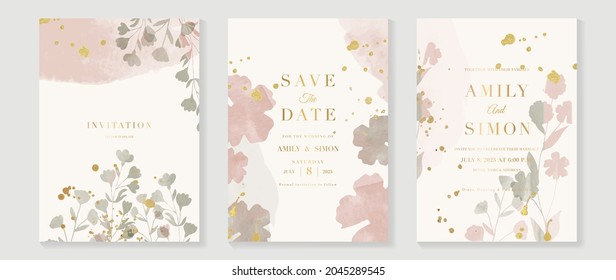 Luxury Wedding invitation vector set. Watercolor wedding card collection with golden texture and floral hand drawing. Save the date cards. Vector illustration.