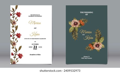  Luxury wedding invitation vintage botanical garden watercolor style flowers and leaves with simple background