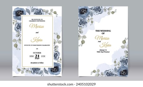 Luxury wedding invitation watercolor style blue rose flowers and leaves with background