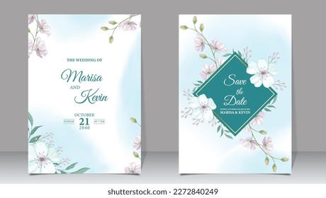 Luxury wedding invitation with white flowers and watercolor background