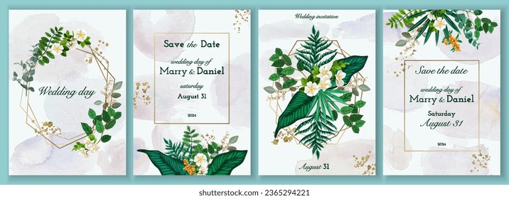 Invitaciones de bodas de lujo. Hermoso diseño de tarjetas o folletos a la moda con motivos dorados y flores, plantas tropicales y texto de plantilla. Colección vectorial plana de dibujos animados aislada en el fondo