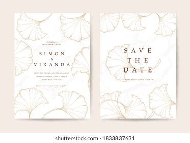 Luxury wedding invite cards with Gold Ginkgo texture line arts. Save the date Card vector design template.