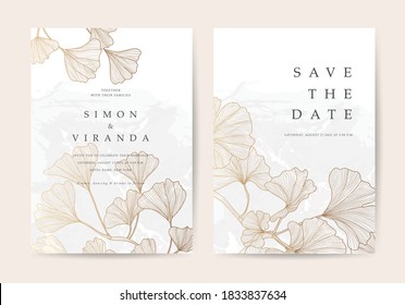 Luxury wedding invite cards with Gold Ginkgo texture line arts. Save the date Card vector design template.