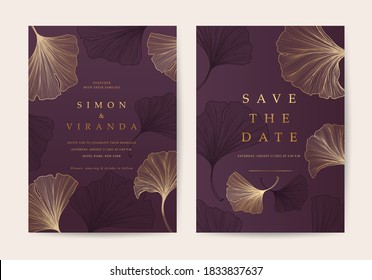 Luxury Wedding Invite Cards With Gold Ginkgo Texture Line Arts. Save The Date Card Vector Design Template.