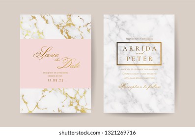 Luxury wedding invite cards with White marble texture and gold border pattern vector design template