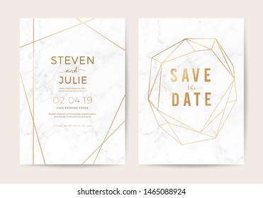 Luxury wedding invite cards with White marble texture and gold border pattern vector design template