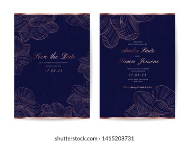 Luxury Wedding Invite And Save The Date Card With Navy Blue Marble Texture And Rose Gold Floral Line Arts Vector.