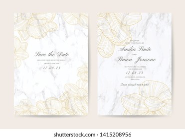 Luxury Wedding invite and Save the Date Cards with white Marble texture and rose gold floral line arts vector.