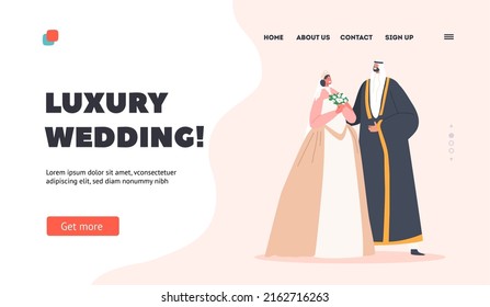 Luxury Wedding Landing Page Template. Traditional Arab Couple, Muslim Groom and Bride in Dress Holding Bouquet. Newlywed Man and Woman Characters Marriage Ceremony. Cartoon People Vector Illustration