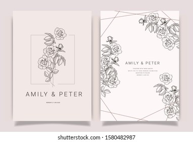 Luxury Wedding logo and Invitation set,  invite thank you, rsvp modern card Design in pink and gray flower with leaf greenery branches  decorative Vector elegant rustic template