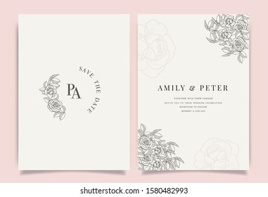 Luxury Wedding logo and Invitation set,  invite thank you, rsvp modern card Design in pink and gray flower with leaf greenery branches  decorative Vector elegant rustic template