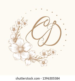 Luxury wedding monogram frame for letter CD beautiful handwriting. Design element for invitation, wedding, greeting cards. Identity label for restaurant, boutique, heraldry, business. Hand drawn style
