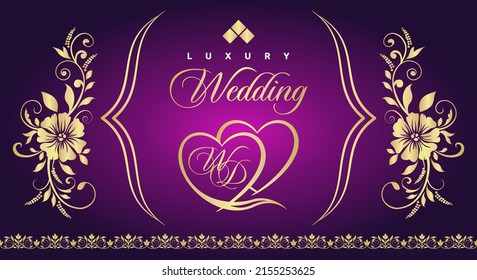 Luxury wedding party background design with bride's initials and golden violet color. vector