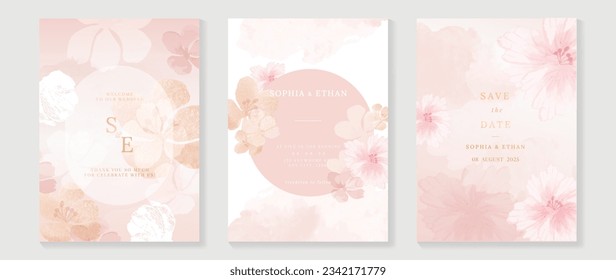 Lujoso fondo de tarjeta de invitación rosa de boda con flor de arte de línea dorada y hojas botánicas, formas orgánicas, acuarela. Resumen de diseño vectorial de fondo de arte para la plantilla de portada de bodas y vip.