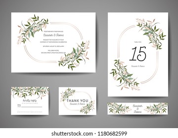 Luxury Wedding Save the Date, Invitation Cards Collection with Gold Foil Leaves and Wreath. Vector trendy cover, graphic poster, geometric floral brochure, design template