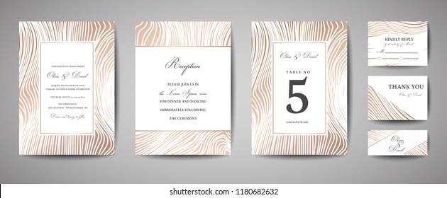 Luxury Wedding Save The Date, Invitation Navy Cards Collection With Gold Foil Wood Texture. Vector Trendy Cover, Graphic Poster, Geometric Floral Brochure, Design Template