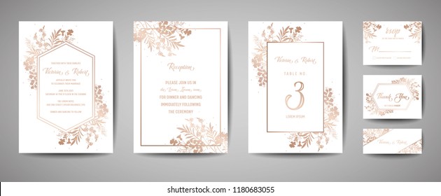 Luxury Wedding Save the Date, Invitation Navy Cards Collection with Gold Foil Flowers and Leaves and Wreath. Vector trendy cover, graphic poster, geometric floral brochure, design template