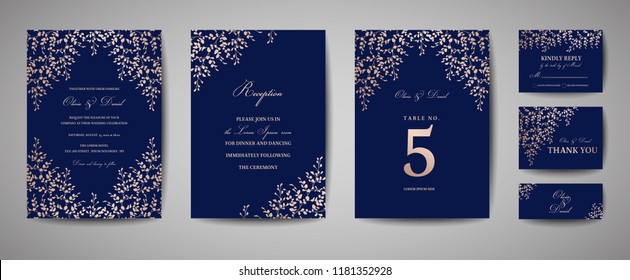 Luxury Wedding Save the Date, Invitation Navy Cards Collection with Gold Foil Leaves and Wreath. Vector trendy cover, graphic poster, geometric floral brochure, design template