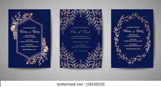 Luxury Wedding Save the Date, Invitation Navy Cards Collection with Gold Foil Flowers and Leaves and Wreath. Vector trendy cover, graphic poster, geometric floral brochure, design template