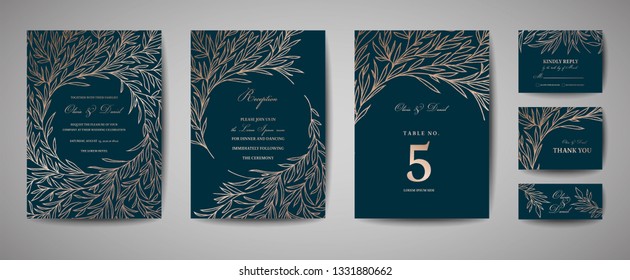 Luxus Hochzeit Speichern Sie das Datum, Einladungskarten Kollektion mit Gold Foil Leaves und Kranz. Vektor-Trenddecke, Grafikplakat, geometrische Blumenbroschüre, Design-Vorlage