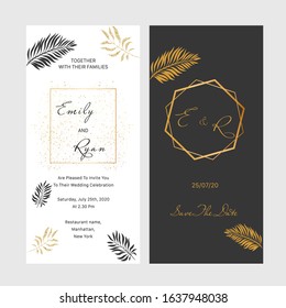 Luxury Wedding Save the Date, Invitation Cards Collection with Gold Foil Leaves. Vector trendy cover, graphic poster, geometric floral brochure, design template