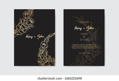 Luxury Wedding Save the Date, Invitation Navy Cards Collection with Gold Foil Flowers and Leaves and Wreath.