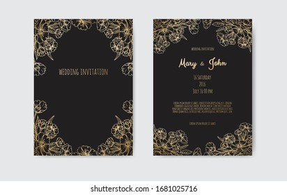 Luxury Wedding Save the Date, Invitation Navy Cards Collection with Gold Foil Flowers and Leaves and Wreath.