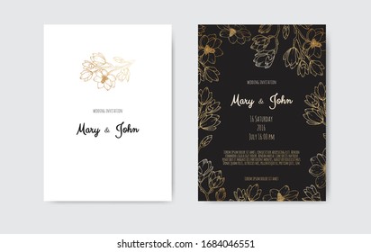 Boda de lujo Ahorra la Fecha, Colección de Tarjetas Navales Invitación con Flores y Hojas de Oro y Wreath.