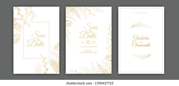 Luxury Wedding Save the Date, Invitation Navy Cards Collection with Gold Foil Flowers and Leaves and Wreath.