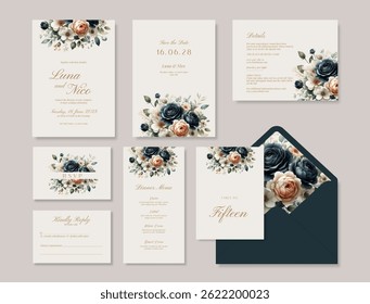 Luxury wedding stationery template with an elegant watercolor bouquet illustration.