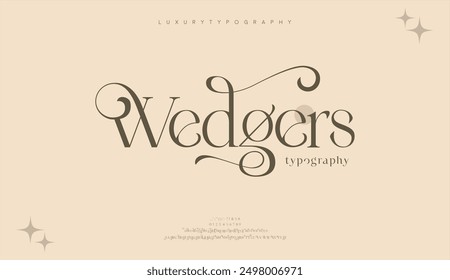 Luxury wedgers alphabet letters font with tails typography elegant classic serif fonts and number decorative vintage retro concept for logo branding vector illustration