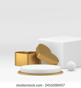 Luxury white 3d podium pedestal with golden heart gift box for product show realistic vector background. Elegant premium advertising geometric showroom display empty commercial showcase presentation