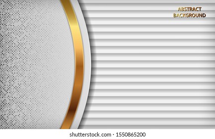 Luxury white abstract background with overlap layers. Gray texture with golden line effect decoration and silver glitters dots element. Vector illustration.
