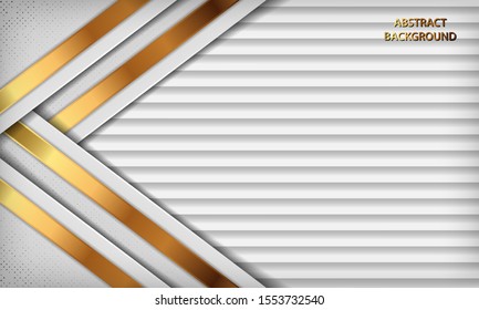 Luxury white abstract background with overlap layers. Gray texture with golden line effect decoration and silver glitters dots element. Vector illustration.