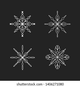 Luxury white abstract ornaments set in vintage style on black chalkboard background. Creative vector hand-drawn line-art snowflakes collection. 