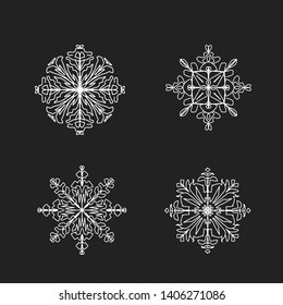 Luxury white abstract ornaments set in vintage style on black chalkboard background. Creative vector hand-drawn line-art snowflakes collection. 