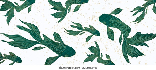 Luxury white art background with blue fishes with golden elements in art line style. Vector banner in oriental hand drawn style for wallpaper design, decor, print, packaging, textile, fabric.