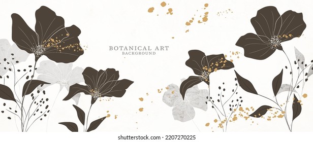 Luxury white art background with hand drawn dark colors and golden elements. Botanical ink banner for packaging design, wallpaper, print, decor, interior design, textile.