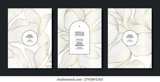 Luxury white background, elegant gold floral line pattern, leaves, flowers. Vector design wedding invitations, gala dinners, wine labels, birthday cards, tropical event flyers, premium botanical packaging.
