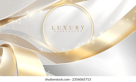 Luxury white background with gold ribbon elements and circle frame with glitter light effect decoration and bokeh.