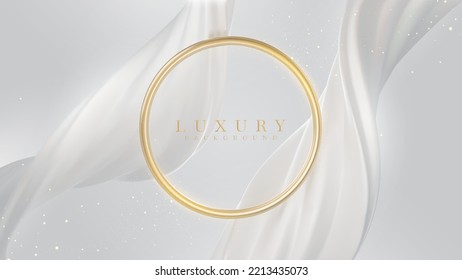 Lujoso fondo blanco con elementos de círculo dorado con un efecto de decoración fluido y brillante. 3.d diseño realista. Ilustración vectorial.